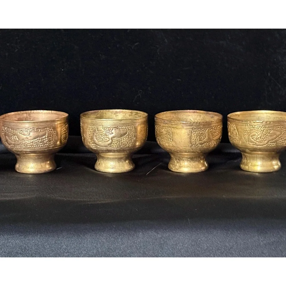 Vintage Brass Tea Set Engraved Coffee Pot & 4 Cups Moroccan Mediterranean Decor